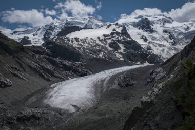 Morteratsch Buzulu 'nun karlı dağları İsviçre Alpleri' ndeki Engadin 'de yaz mevsiminde mavi gökyüzü ve güneşli