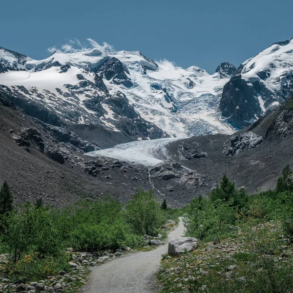 Vandringsled Morteratschglaciären Engadin Schweiziska Alperna Sommaren Sol Och Blå Himmel — Stockfoto