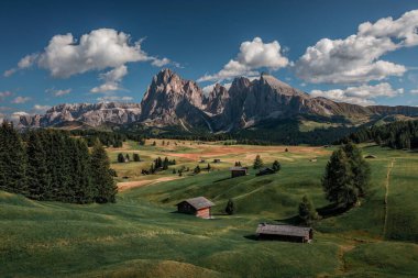 İtalya 'nın güneyindeki Dolomite Alpleri' ndeki Plattkofel ve Langkofel dağlarının manzarasıyla yaz boyunca Alpe di Siusi 'de ahşap kulübeleri olan çayırlar.