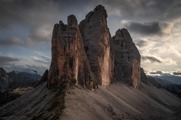 Three Peaks Mountain Summits Dolomite Alps South Tyrol Clouds Sunset — Stock Photo, Image