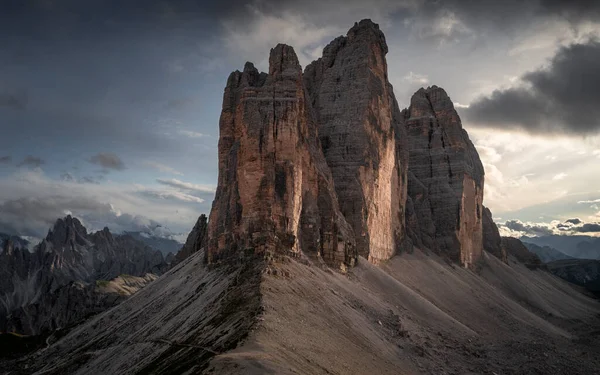 Three Peaks Mountain Summits Dolomite Alps South Tyrol Clouds Sunset — Stock Photo, Image