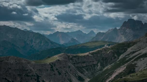 Timelapse Van Rifugio Auronzo Berghut Overdag Voor Het Dolomieten Alpen — Stockvideo