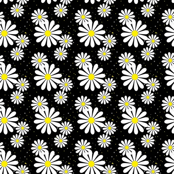 Daisy flower print on black background - seamless background — Stockvektor