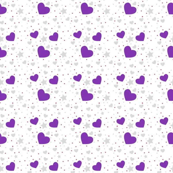 Seamless violet hearts and dots pattern with white background. Vector repeating texture. — Stock Vector