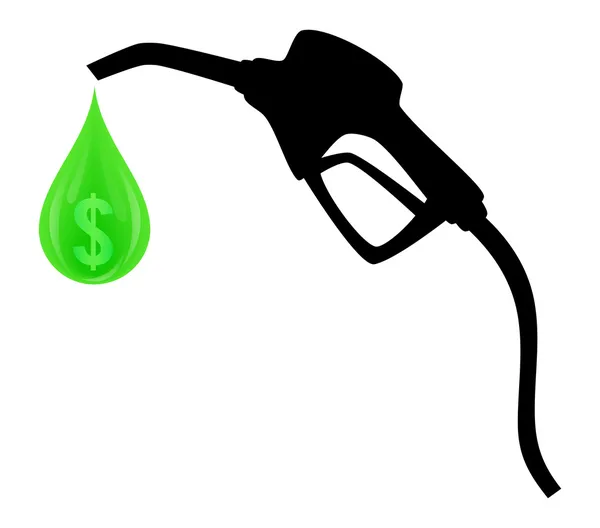 Silhuett av bensinpump med grön droppe och symbol för dollar inuti — Stock vektor