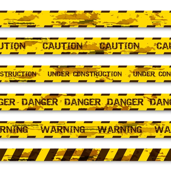 Conjunto de fitas de aviso grunge isoladas sobre fundo branco. Fita de advertência, fita de perigo, fita de precaução, fita de perigo, sob fita de construção — Vetor de Stock