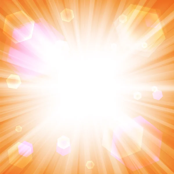 Bright orange background with a summer sun burst with lens flare — Stock Vector