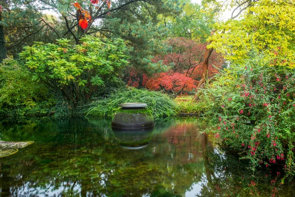 Increíbles Flores Rojas Arbusto Pondf Pequeña Fuente Barril Jardín Japonés —  Fotos de Stock