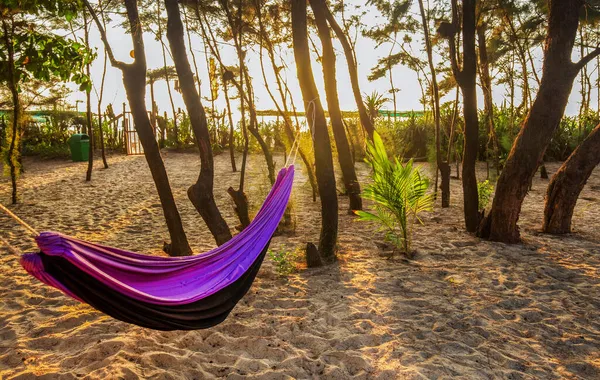 Increíble Vista Sobre Playa Pequeño Hotel Con Hamaca Púrpura Entre — Foto de Stock