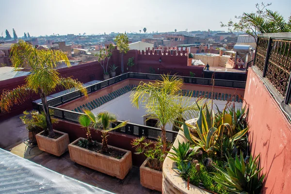 Úžasný Panorama Růžové Červené Marrakeh Střechy Patří Vrcholy Terasy Zelení — Stock fotografie