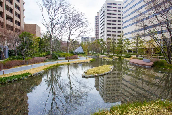 Jardim Com Lagoa Lado Hotel Intercontinental Osaka Marcha Tardia Sakura — Fotografia de Stock