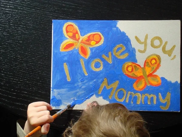 Hand Little Child Painting Picture Butterflies Mom Mother Day Text — стоковое фото