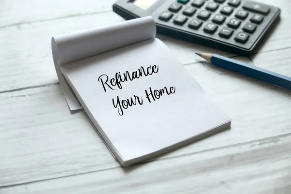 Selective Focus Pencil Calculator Notebook Written Refinance Your Home White — Stok Foto