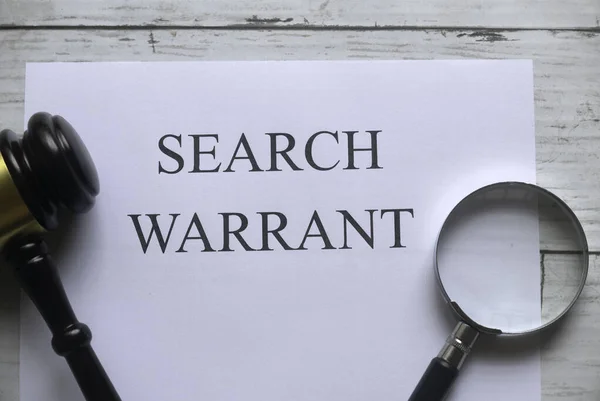 Top View Gavel Magnifying Glass Paper Written Search Warrant White — 图库照片