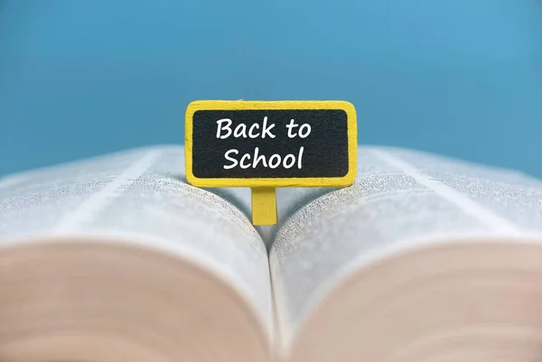 Selective Focus Yellow Wooden Tag Written Back School Open Book — ストック写真