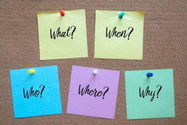 A memo notes written with five W questions of What,When,Who,Where and Why on a cork board.
