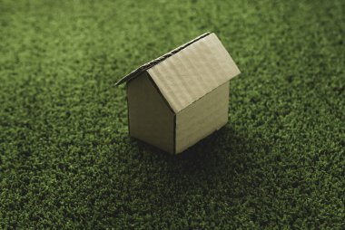 Çimlerin üzerindeki küçük karton ev..