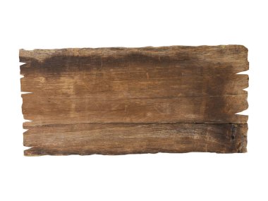 Beyaz arka planda eski ve paslı kahverengi ahşap tabela. Kesme yolu. Tabela ve reklam panoları kavramı..