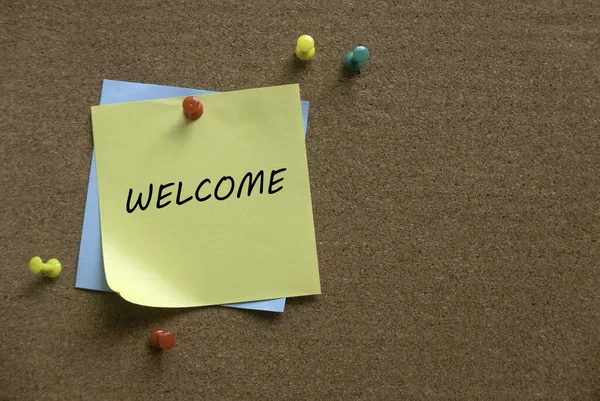 Colorful Push Pins Memo Notes Written Welcome Cork Board — Stok Foto