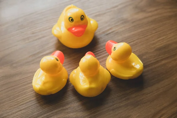 Concept of leader and follower. Selective focus of a small toy duck and big duck having some discussion on wooden background.