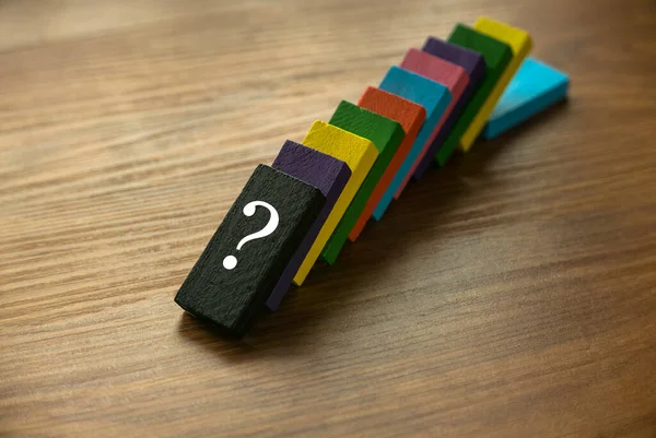 Variety Color Fallen Wooden Domino Symbol Question Wooden Background — 图库照片