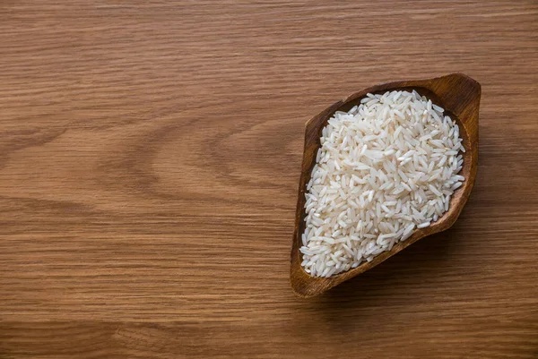Selective Focus Rice Wooden Background Copy Space — стоковое фото