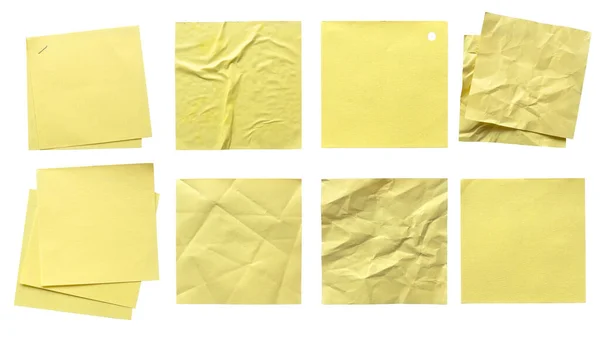 Różnorodność Notatki Żółty Papier Izolowane Białym Tle Odbiór Makieta Plakatu — Zdjęcie stockowe