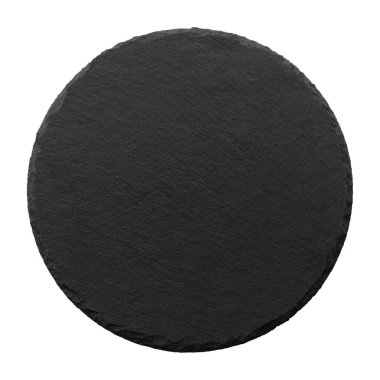 Beyaz arkaplanda izole edilmiş siyah taşın üst görünümü.