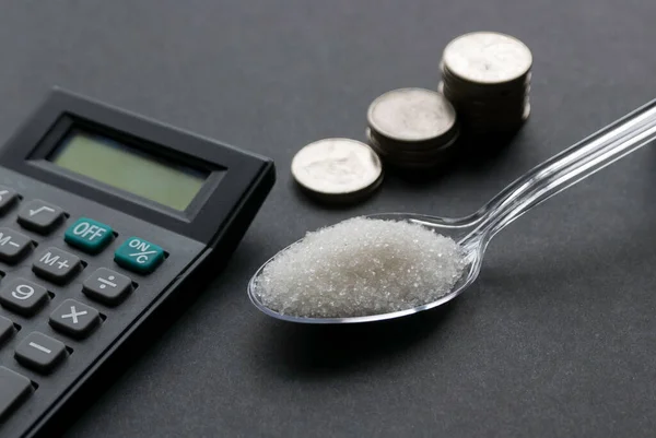 White Sugar Transparent Spoon Together Stack Coins Calculator Black Background —  Fotos de Stock