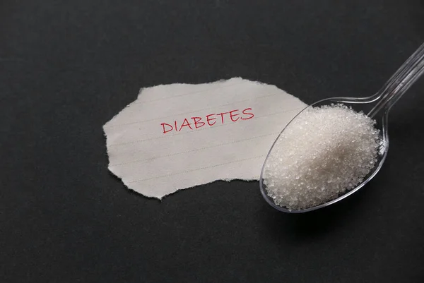 White Sugar Spoon Paper Written Diabetes Black Background —  Fotos de Stock