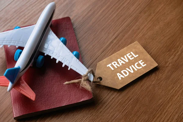 Passport Toy Plane Tag Written Travel Advice — ストック写真