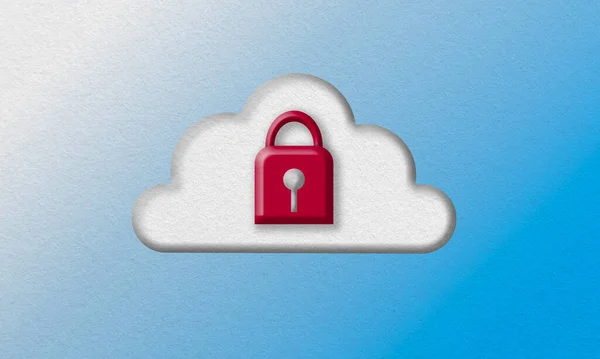 Cloud computing data and security concept. Padlock and cloud icon on a blue and white paper texture.