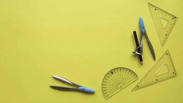 Drawing Tools Isolated Yellow Background Copy Space — стоковое фото