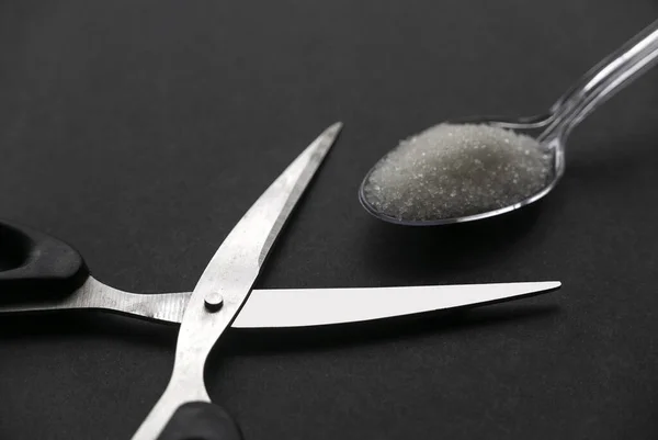 Scissors White Sugar Transparent Spoon Black Background Stok Foto