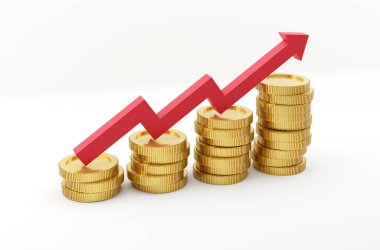 Gold coin level stack with a red arrow. Business, finance and saving concept. 3d render illustration.