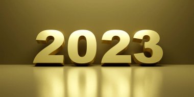 Yeni yıl konsepti. Altın rengi 2023, lüks bir geçmişi var. 3d resimleme