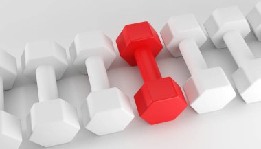 Kırmızı halterin diğer beyaz halterin yanında duran 3D çizimi. Liderlik, karşıt görüş, farklı görüşler ve farklı kavramlar.