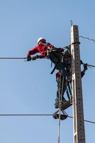 Electriciens travaillant sur un pylône de la ligne électrique publique — Photo