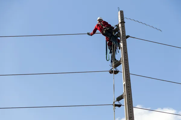 Genel güç hattı bir pilon üzerinde çalışan elektrikçiler