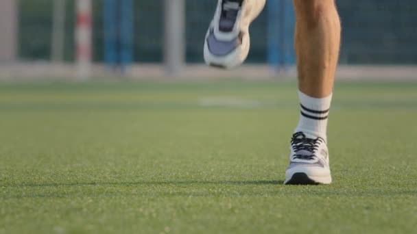 Närbild swarthy garvade manliga ben i sport vita sneakers och strumpor på gräs på stadion. Ung energisk idrottsman fotbollsspelare uppvärmning upp innan träning eller match på ballpark på sommaren — Stockvideo