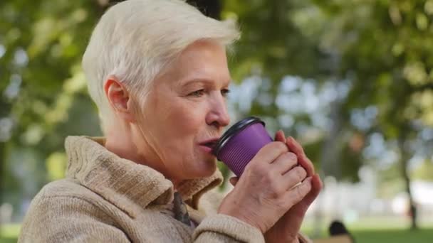 Smuk gråhåret ældre bedstemor drikker te eller kaffe med glæde. Fredfyldt moden voksen kvinde elegant dame pensionsalder sidder udendørs i weekenden nyder solrig dag i godt vejr – Stock-video