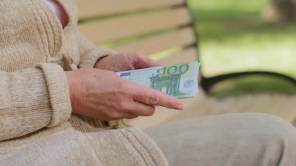 Обрізаний вид зрілої жінки рук тримає стопки євро банкнот підрахунок грошей. Крупним планом жінки старшого віку рахують готівкою. Зарплатні платежі. Успішний бізнес, концепція високого доходу. Обмін валют — стокове відео