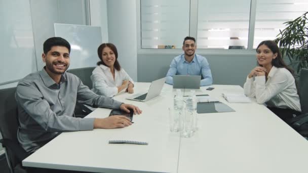 Diverse executive team make conference video call at camera, four business people talking to online chat do Internet conference distance office meeting, 웹 캠 뷰 — 비디오