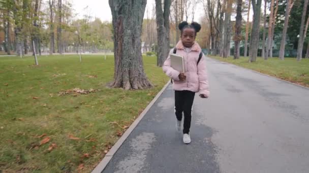 Kleine süße afroamerikanische Mädchen Kind afrikanisches Kind Schülerin Schülerin mit Rucksack hält Buch zu Fuß die Straße hinunter im Park Spaziergänge im Freien zum Unterricht zurück in die Schule Grundschule lernen — Stockvideo