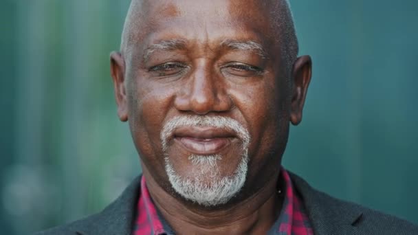 Hoofd schot portret close-up Oudere Afro-Amerikaanse man met grijze baard met hush gebaar volwassen persoon met pensioen leeftijd houden vinger op de lippen, privacy, geheime privé-informatie, teken van stilte — Stockvideo