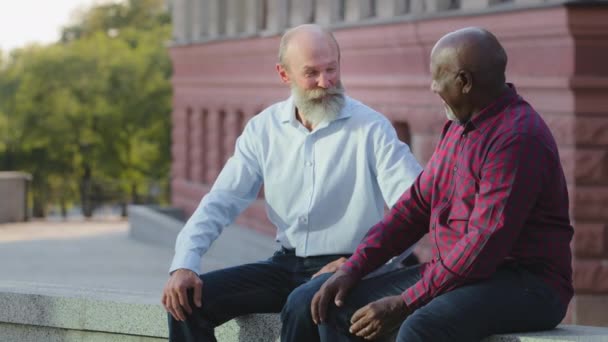 Diversidad feliz alegre ancianos afroamericanos y europeos saludando o diciendo adiós, estrechando la mano con el acuerdo, buen trato, felicitando o celebrando evento alegre — Vídeos de Stock