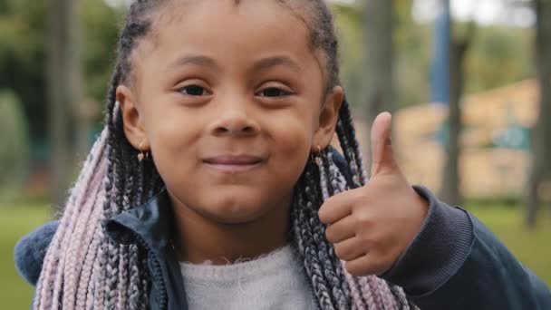 Портрет щасливий усміхаючись афро-американській школярці маленькій дівчині африканській показуючи великий палець, як символ підтримки жестів. Задоволена дитина-раса дивиться на фотоапарат позитивного ставлення на відкритому повітрі — стокове відео