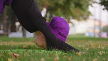 Yakın çekim tesettürlü genç kız Yogi bayan atlet parkta yoga yapıyor yeşil çimlerde Asana poz veriyor köpek kafası uzanıyor nefes alıyor tek başına antrenman yapıyor