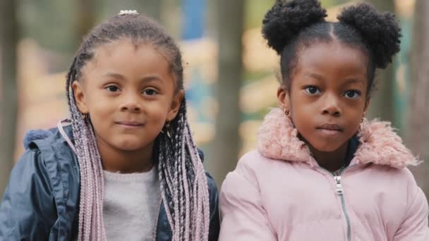 Portret tiener schattige kinderen close-up twee zussen tijd doorbrengen in het stadspark kleine vrienden kijken naar de camera gelukkig glimlachen kleine meisjes zitten op bank buiten achteloos jeugd vrolijke vakantie — Stockvideo