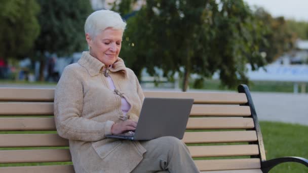 Belle femme âgée heureuse en utilisant un ordinateur portable extérieur femme d'affaires d'âge moyen tapant sur le clavier et souriant, dame âgée naviguant sur Internet ou travaillant à distance communiquer en ligne avec PC — Video